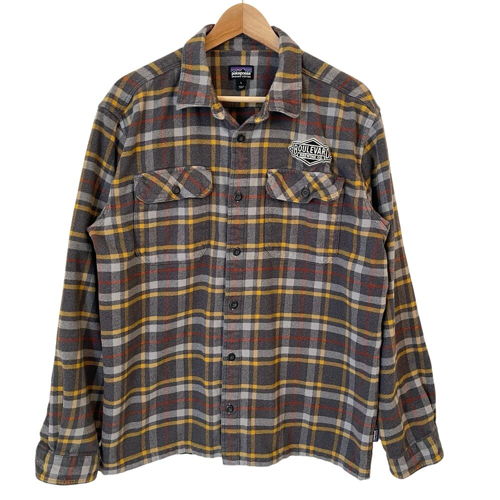 Patagonia Mens Fjord Plaid Flannel Shirt L Boulevard Brewing Co Organic Button